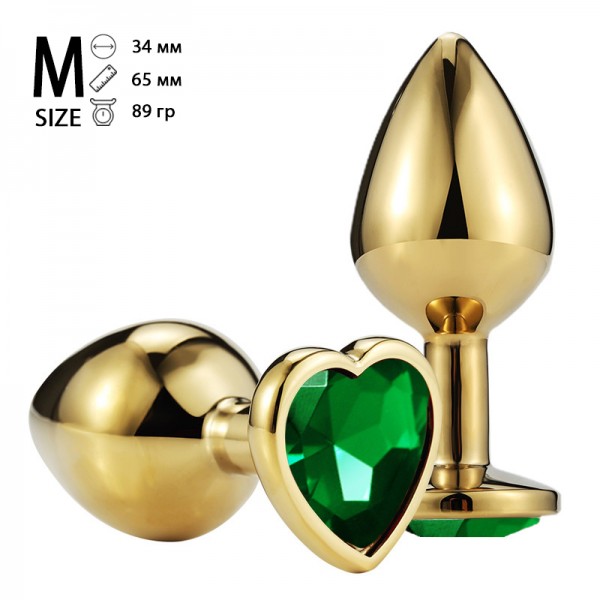 Анальная пробка "Vander" металл, зеленый кристалл, сердце M, Золотой