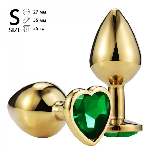 Анальная пробка "Vander" металл, зеленый кристалл, сердце S, Золотой